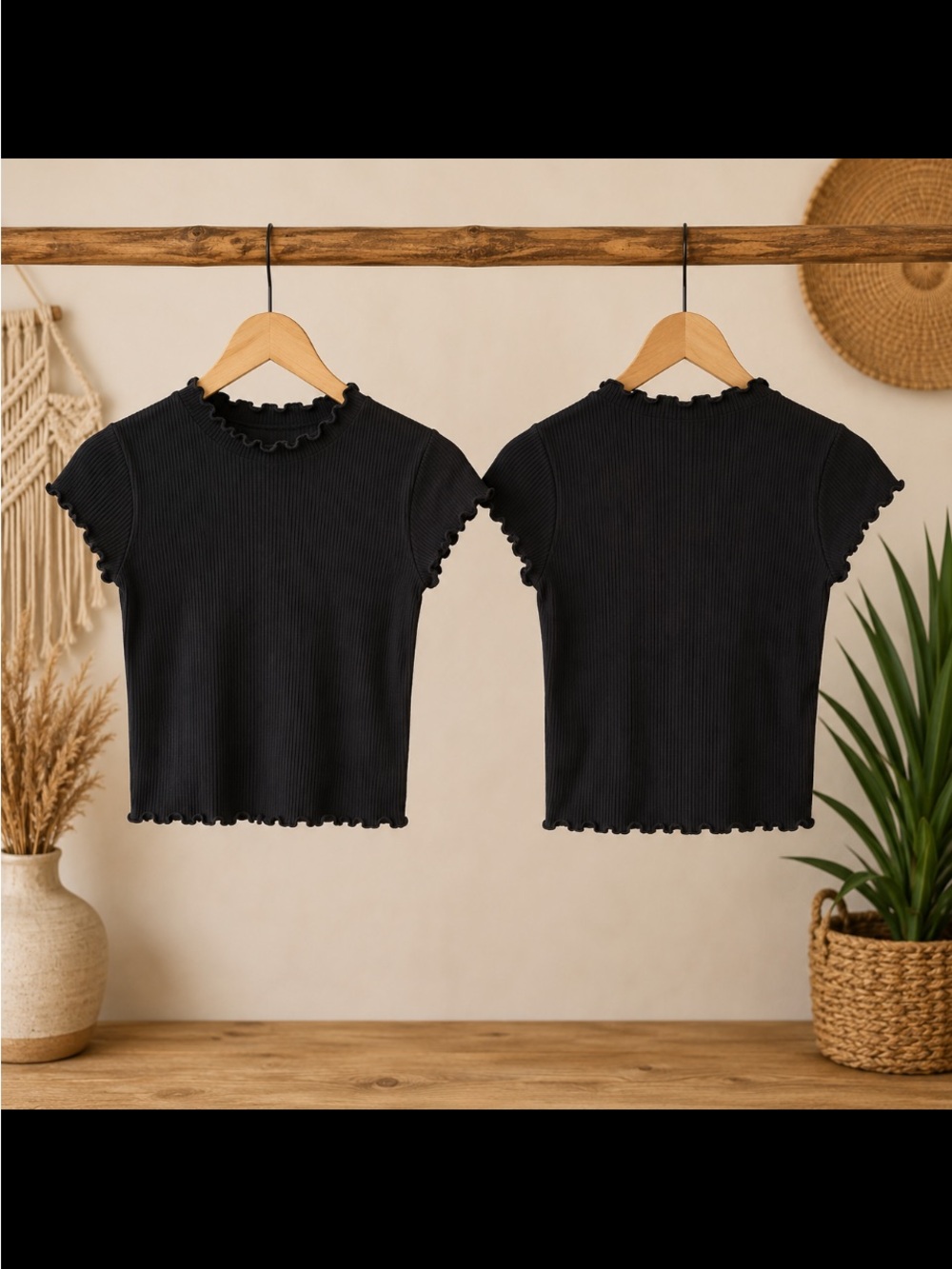 Brandy Melville Black Ribbed Lettuce-Edge Crop Top